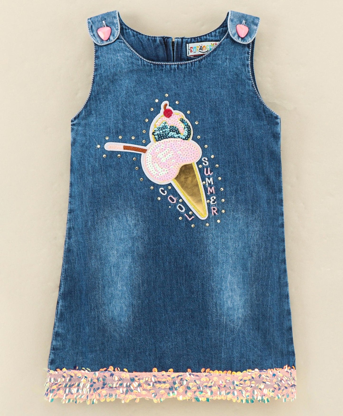 Enfance  Sleeveless Ice Cream Applique Denim Dress - Blue