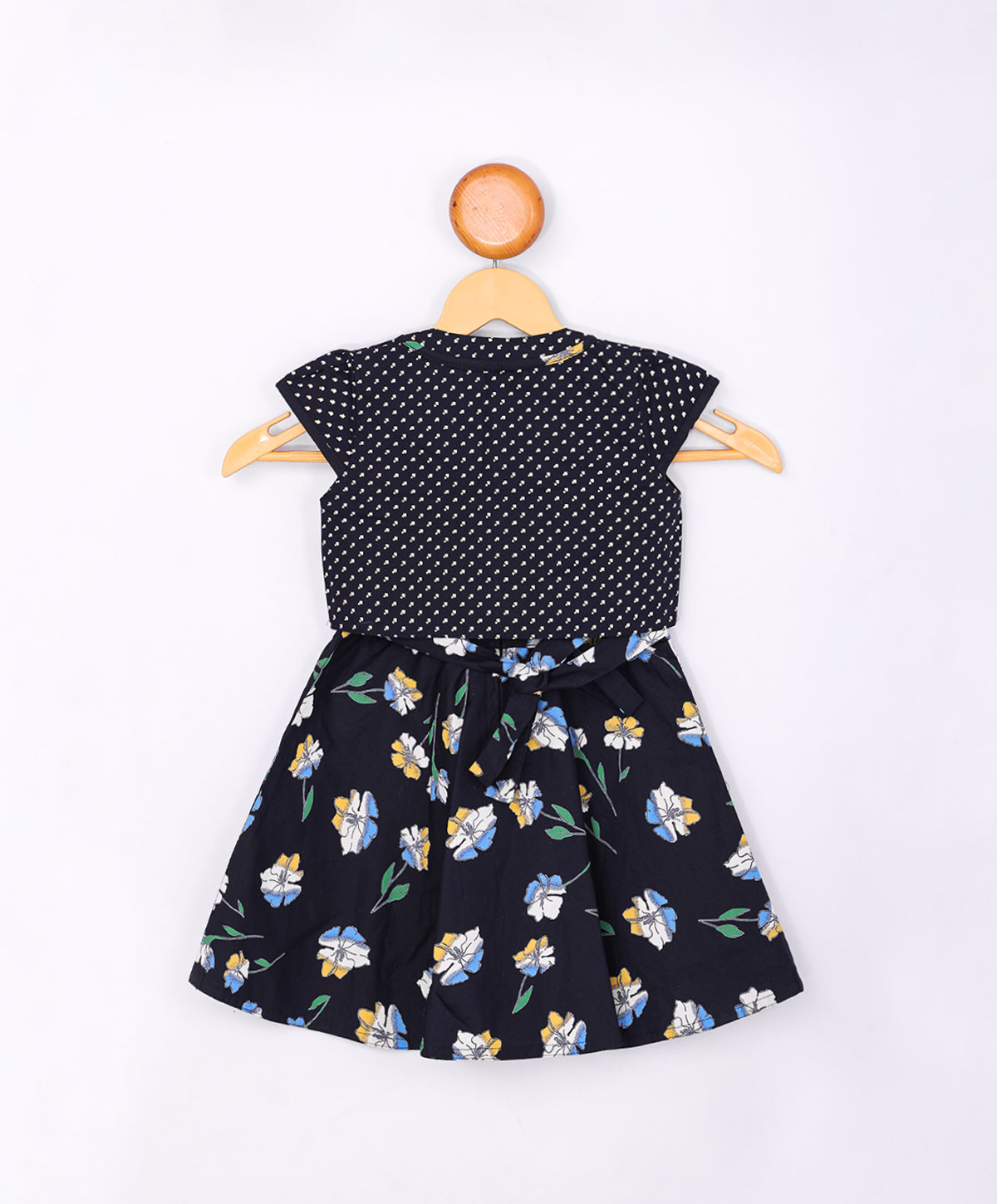 Enfance Floral Printed Dress With Short Sleeves Polka Dot Jacket - Navy