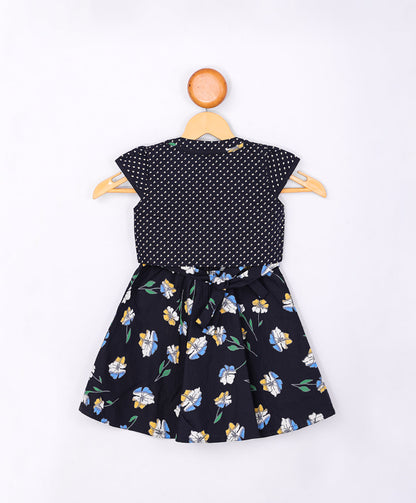 Enfance Floral Printed Dress With Short Sleeves Polka Dot Jacket - Navy