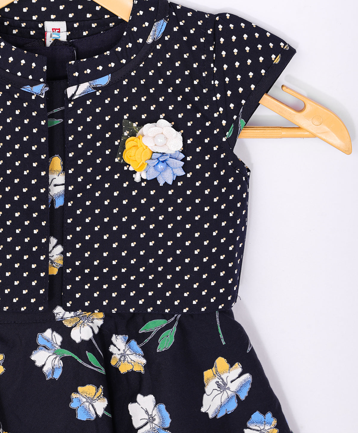 Enfance Floral Printed Dress With Short Sleeves Polka Dot Jacket - Navy