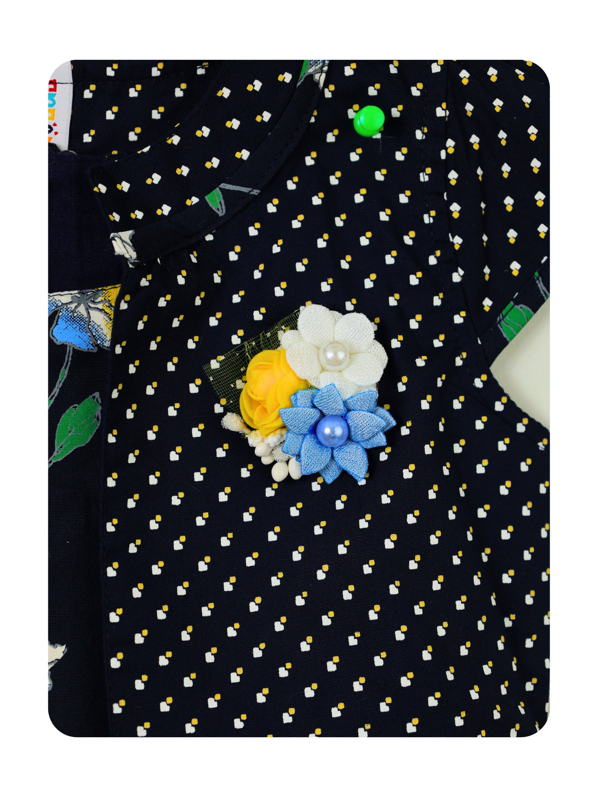 Enfance Floral Printed Dress With Short Sleeves Polka Dot Jacket - Navy