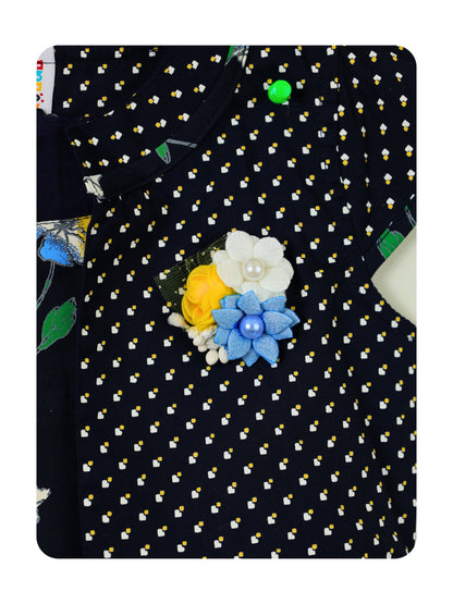 Enfance Floral Printed Dress With Short Sleeves Polka Dot Jacket - Navy