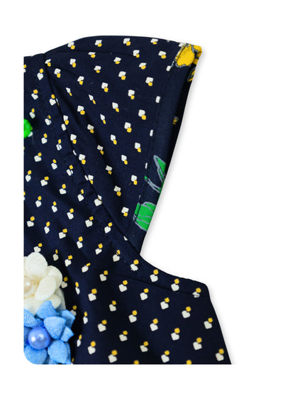 Enfance Floral Printed Dress With Short Sleeves Polka Dot Jacket - Navy