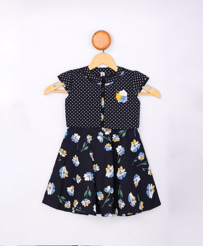 Enfance Floral Printed Dress With Short Sleeves Polka Dot Jacket - Navy