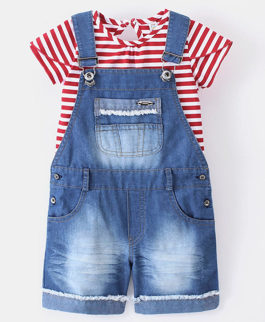 Enfance  Denim Dungaree With Short Sleeves Tee -Red