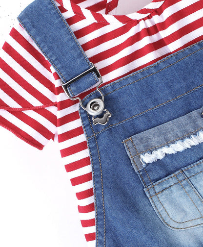 Enfance  Denim Dungaree With Short Sleeves Tee -Red