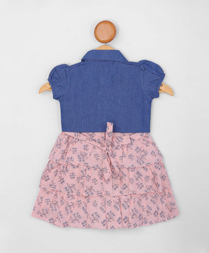 Enfance Floral Printed Tiered Dress With Half Sleeves Jacket-Pink