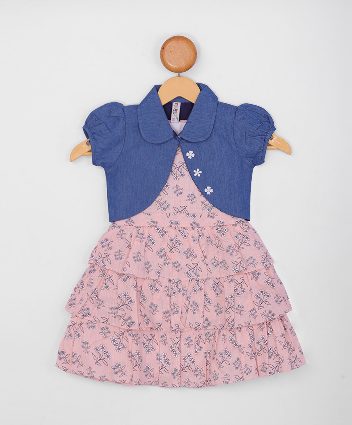 Enfance Floral Printed Tiered Dress With Half Sleeves Jacket-Pink