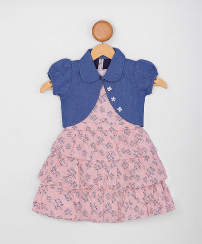 Enfance Floral Printed Tiered Dress With Half Sleeves Jacket-Pink