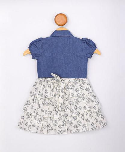 Enfance Floral Printed Tiered Dress With Half Sleeves Jacket-Lemon
