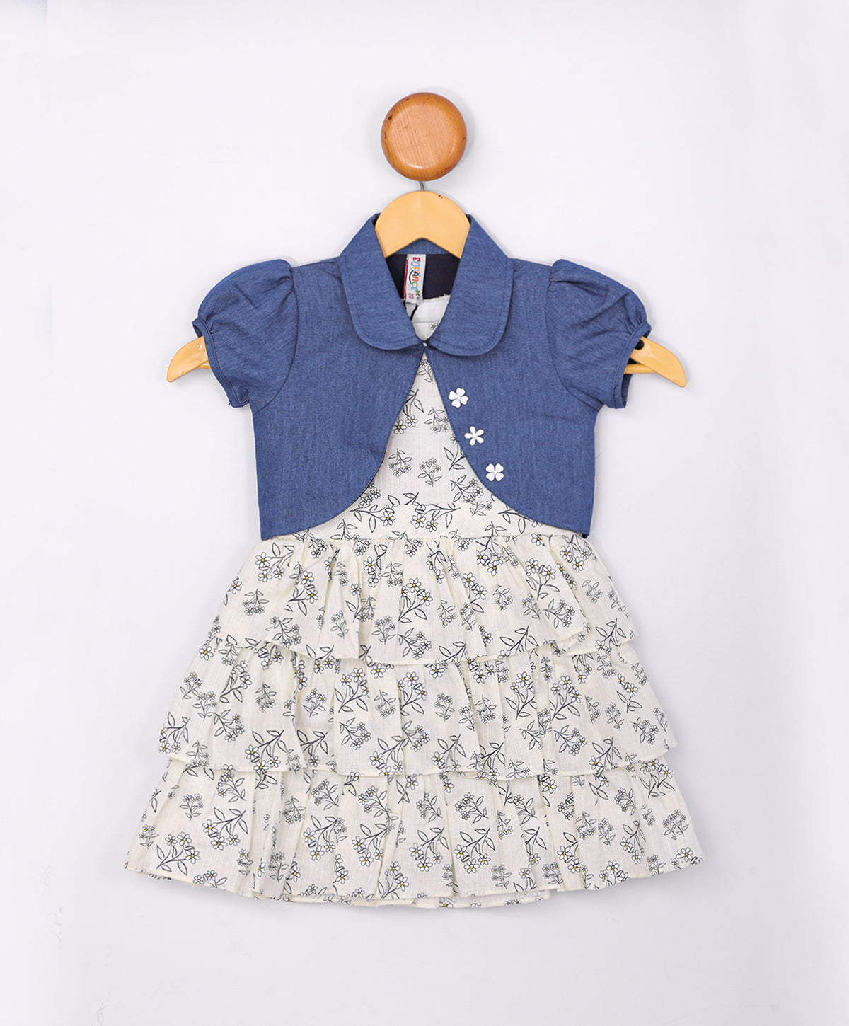 Enfance Floral Printed Tiered Dress With Half Sleeves Jacket-Lemon