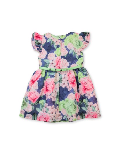 Enfance Short Sleeves Floral Applique & Printed Dress - Grey