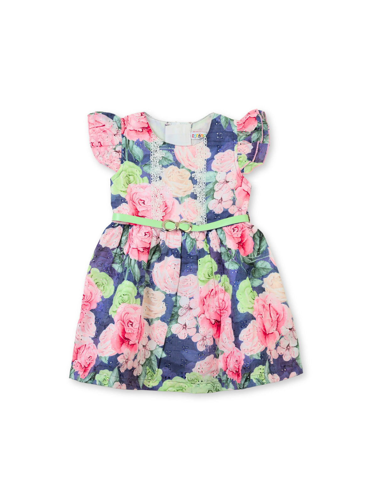 Enfance Short Sleeves Floral Applique & Printed Dress - Grey
