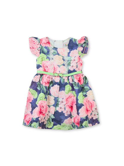Enfance Short Sleeves Floral Applique & Printed Dress - Grey