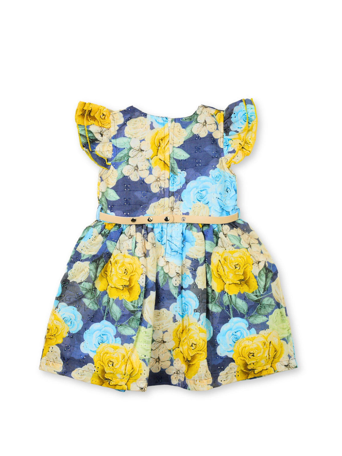 Enfance Short Sleeves Floral Applique & Printed Dress - Yellow