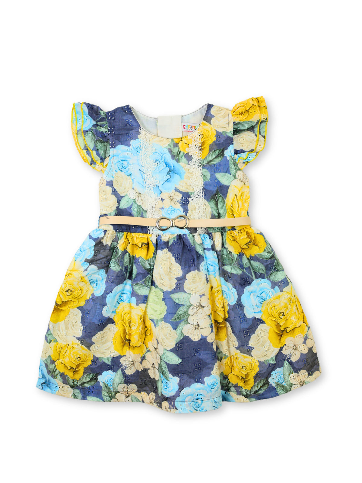 Enfance Short Sleeves Floral Applique & Printed Dress - Yellow