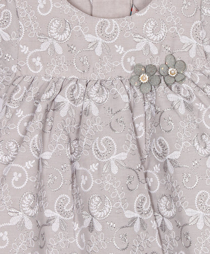 Enfance Paff Sleeves Floral Embroidery Casual Dress - Grey