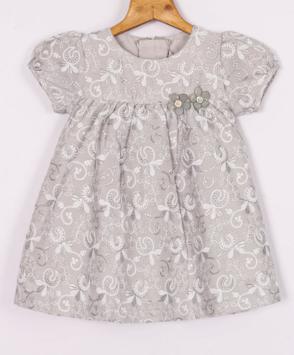 Enfance Paff Sleeves Floral Embroidery Casual Dress - Grey