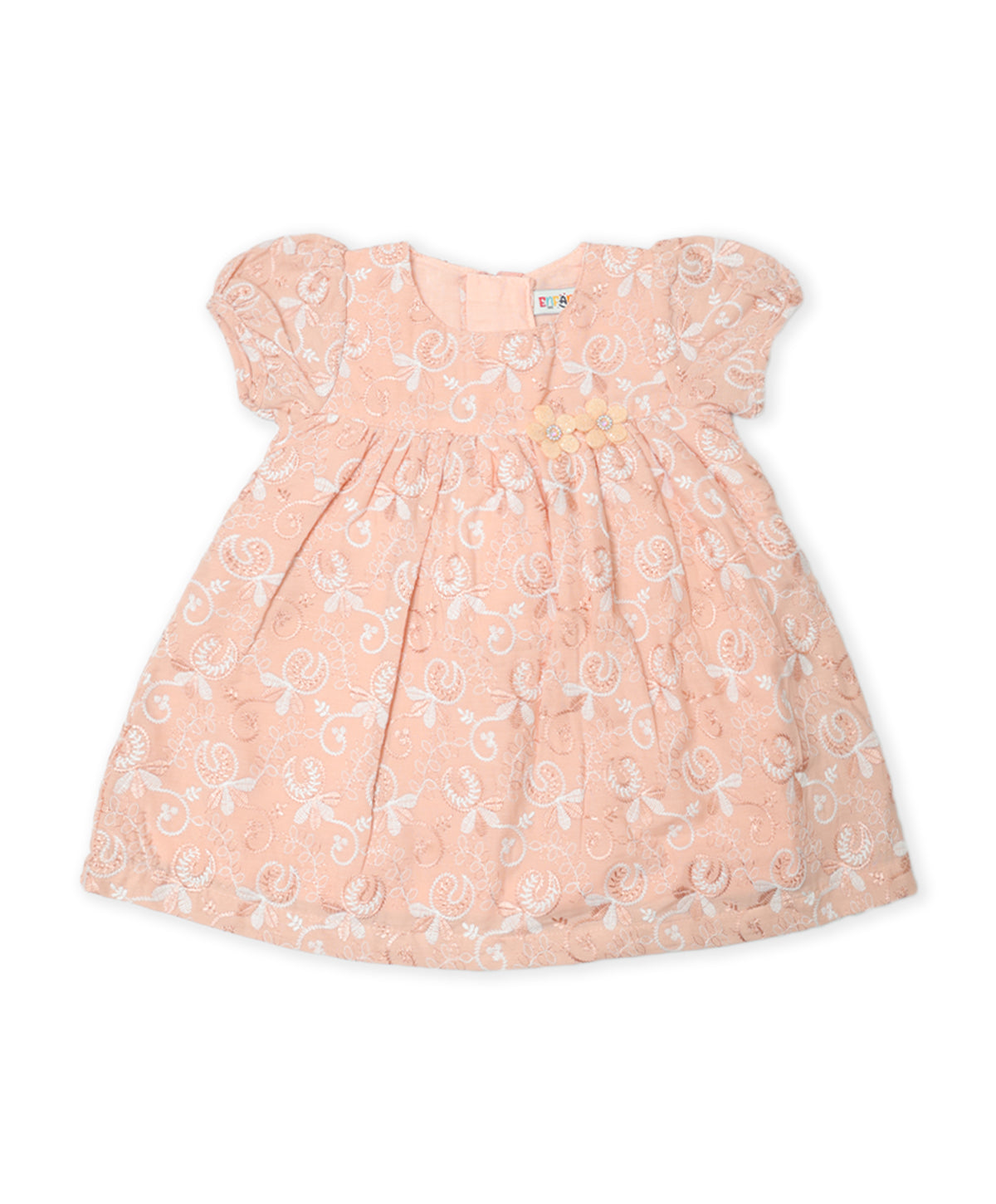 Enfance Paff Sleeves Floral Embroidery Casual Dress-Peach