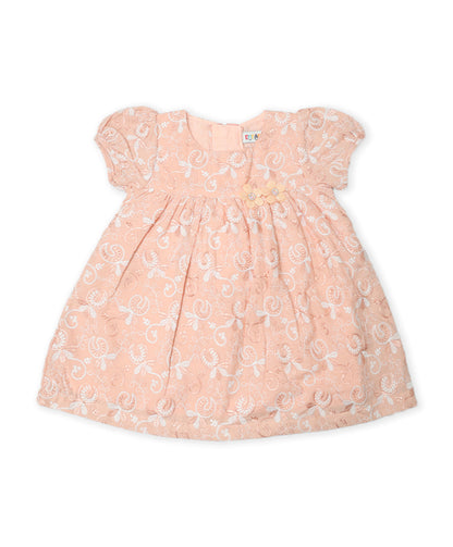 Enfance Paff Sleeves Floral Embroidery Casual Dress-Peach