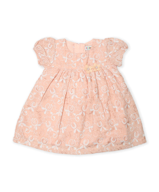 Enfance Paff Sleeves Floral Embroidery Casual Dress-Peach