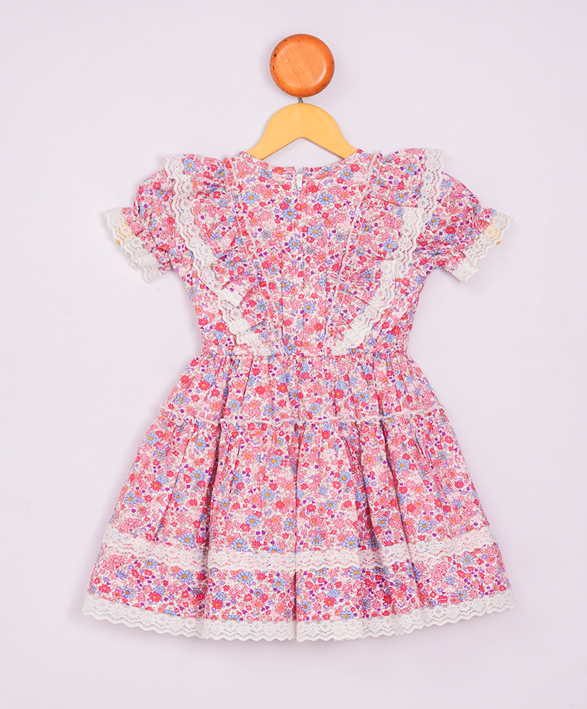 Enfance  Half Sleeves All Over Flower Printed Floral Applique Dress-Pink