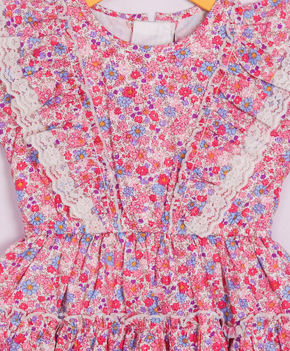 Enfance  Half Sleeves All Over Flower Printed Floral Applique Dress-Pink