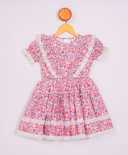 Enfance  Half Sleeves All Over Flower Printed Floral Applique Dress-Pink