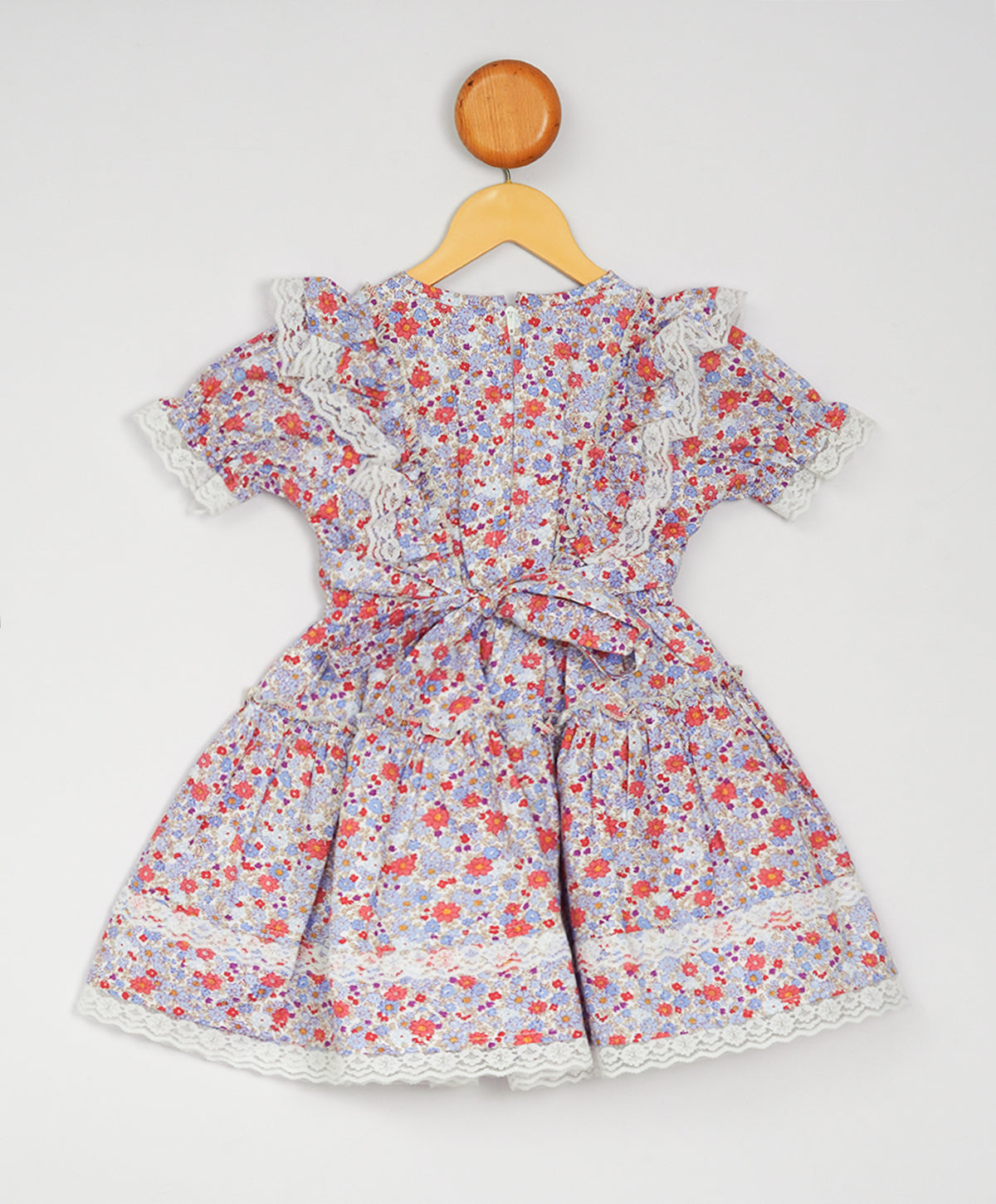 Enfance  Half Sleeves All Over Flower Printed Floral Applique Dress-Blue