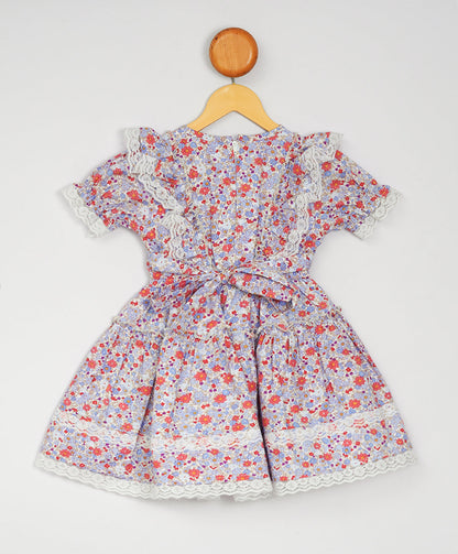 Enfance  Half Sleeves All Over Flower Printed Floral Applique Dress-Blue