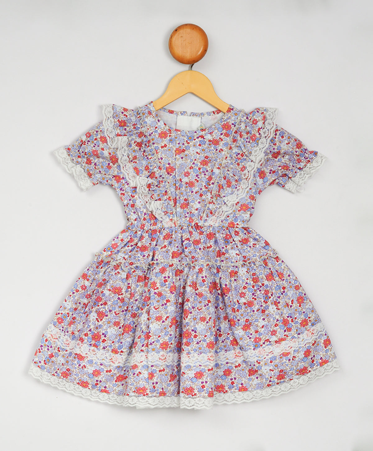 Enfance  Half Sleeves All Over Flower Printed Floral Applique Dress-Blue