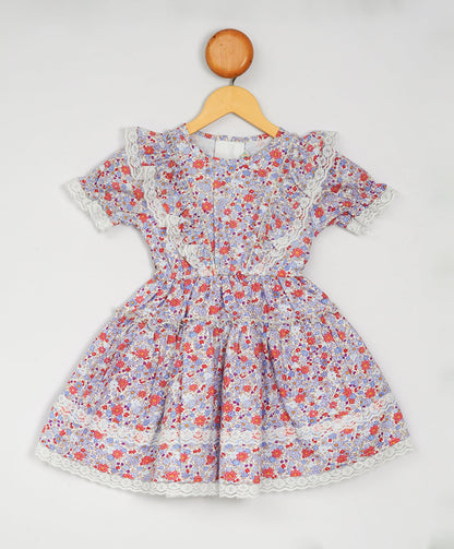 Enfance  Half Sleeves All Over Flower Printed Floral Applique Dress-Blue