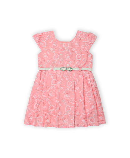 Enfance Cap Sleeves Floral Embroidered Casual Dress-Peach
