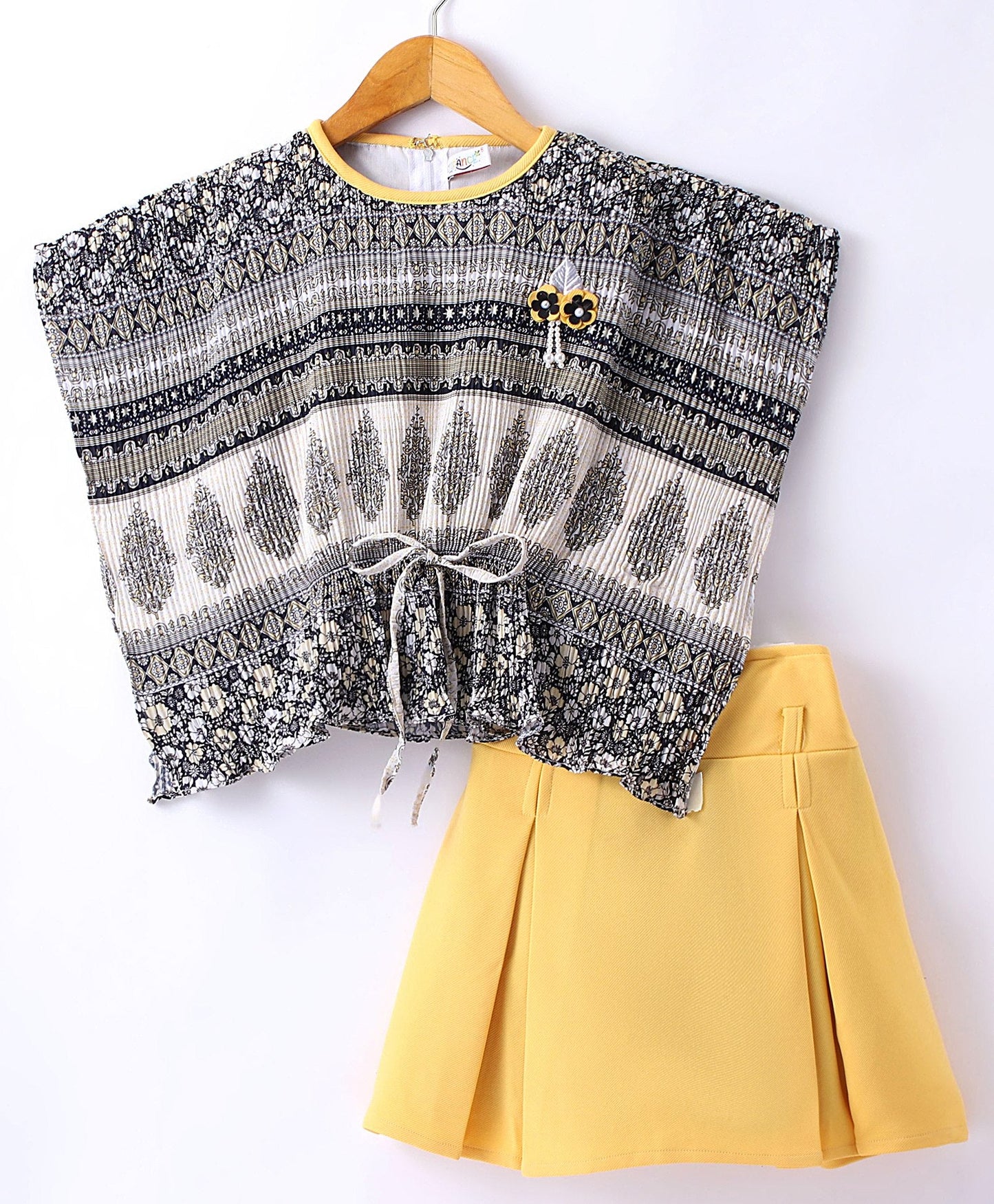 Enfance Half Sleeves Top With Pleated Skirt-Yellow