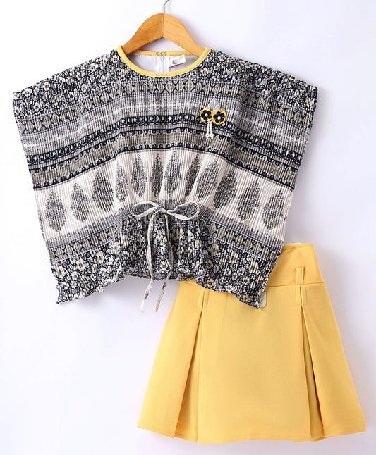 Enfance Half Sleeves Top With Pleated Skirt-Yellow