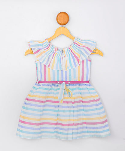 Enfance Sleveelees Multi Color Strip Printed Dress -Peach