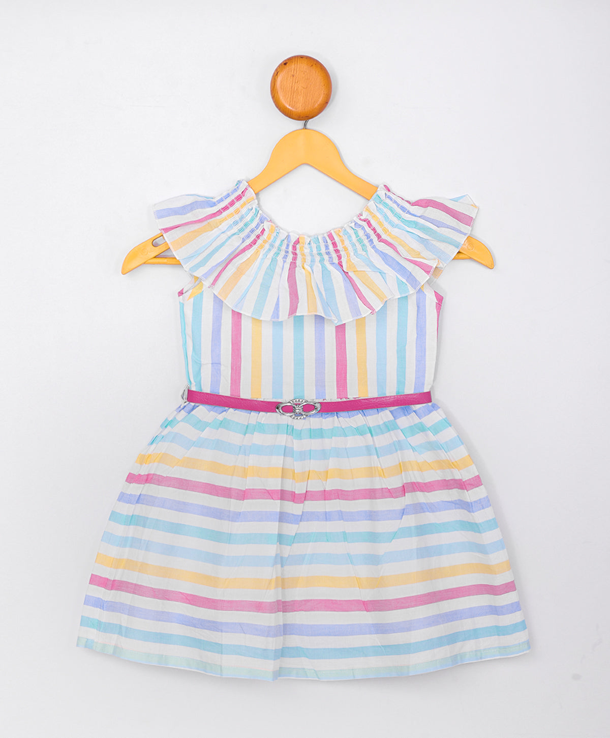 Enfance Sleveelees Multi Color Strip Printed Dress -Peach