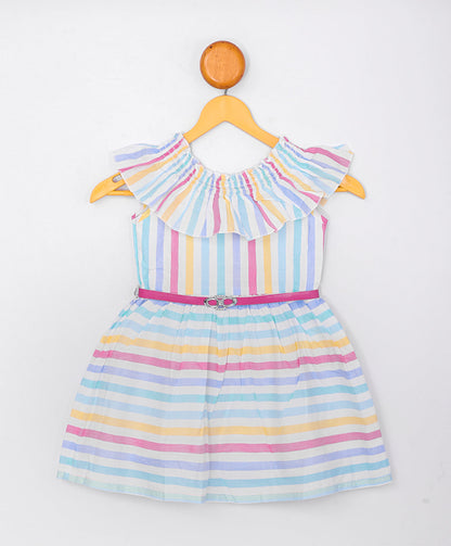 Enfance Sleveelees Multi Color Strip Printed Dress -Peach
