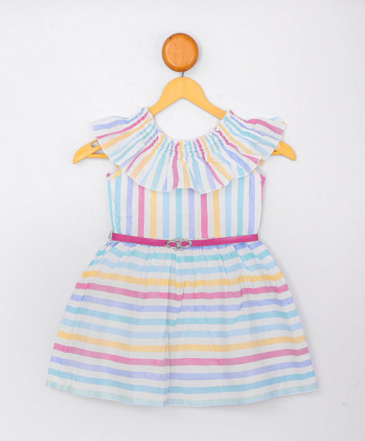 Enfance Sleveelees Multi Color Strip Printed Dress -Peach