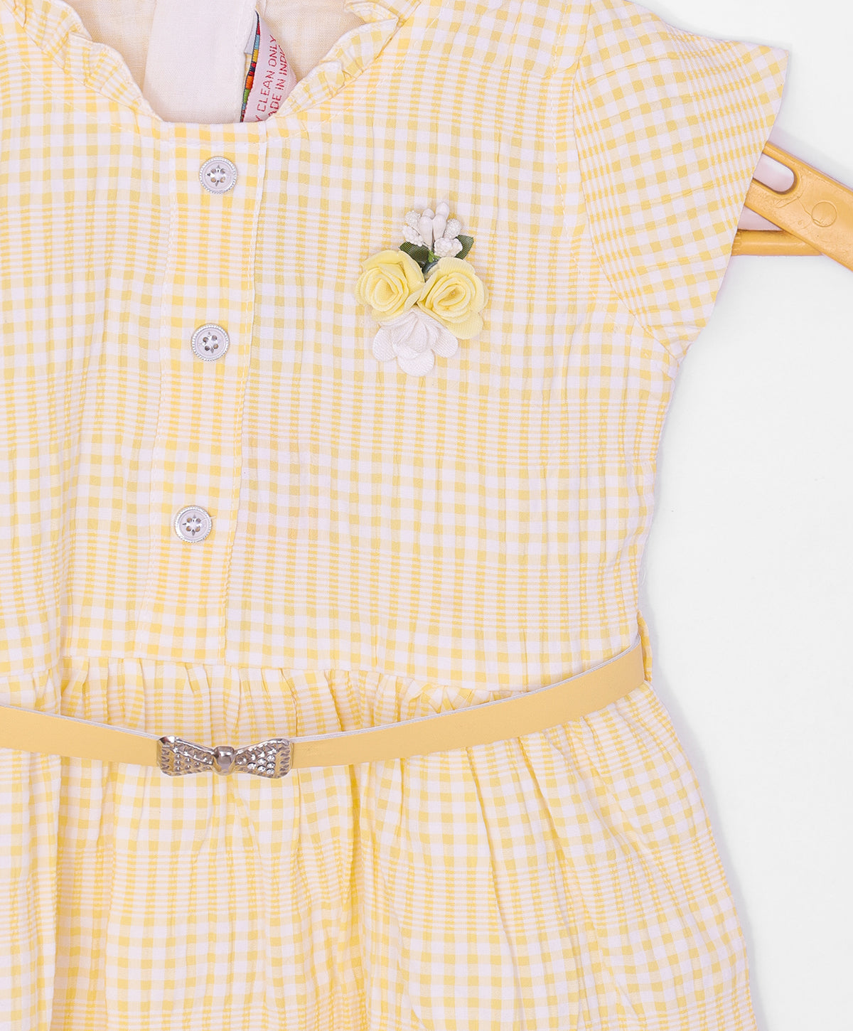Enfance Short Slevees Checked Printed Fit & Flare Dress-Yellow