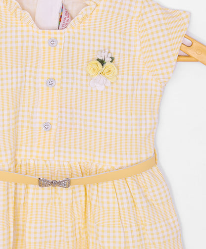 Enfance Short Slevees Checked Printed Fit & Flare Dress-Yellow