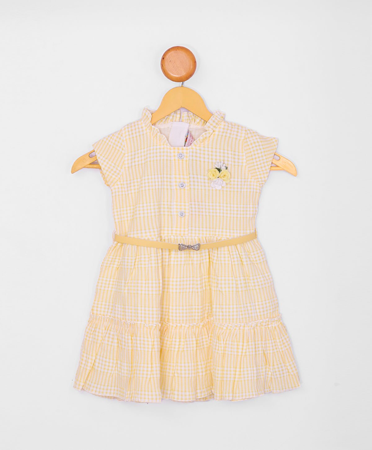Enfance Short Slevees Checked Printed Fit & Flare Dress-Yellow