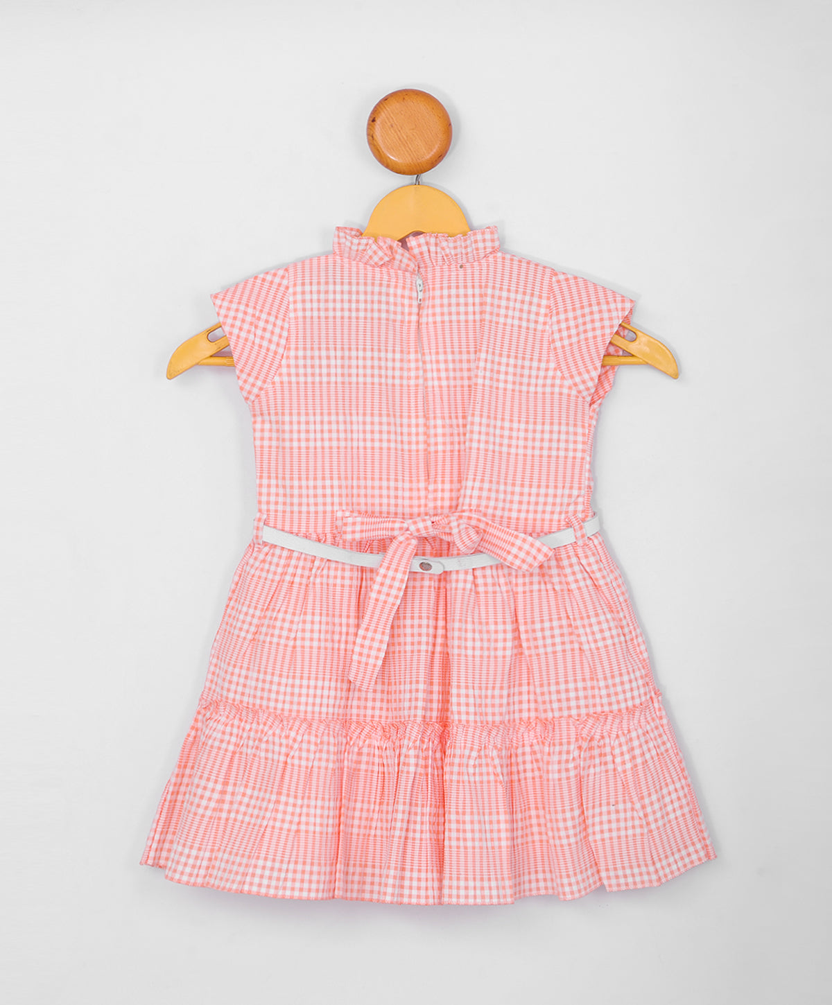Enfance Short Slevees Checked Printed Fit & Flare Dress-Peach