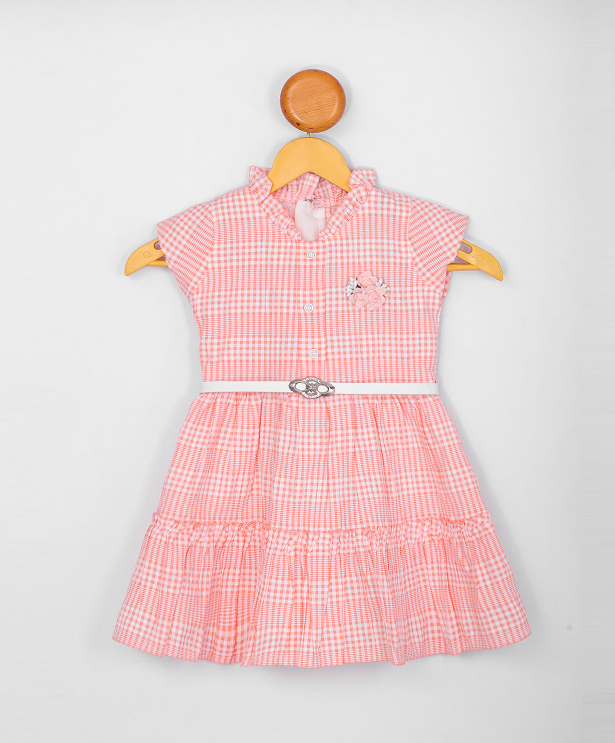 Enfance Short Slevees Checked Printed Fit & Flare Dress-Peach