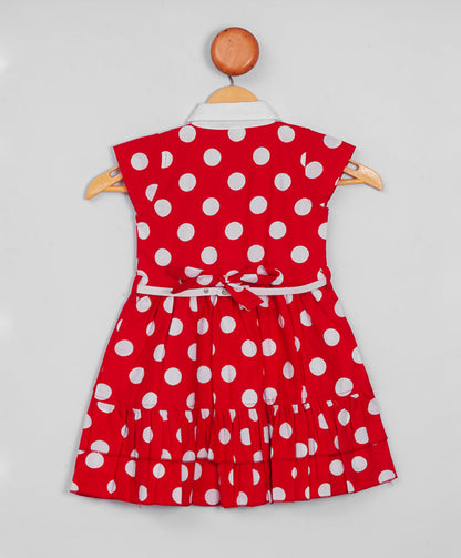 Enfance Cap Sleeves Huge Polka Dots Printed Fit & Flare Dress-Red