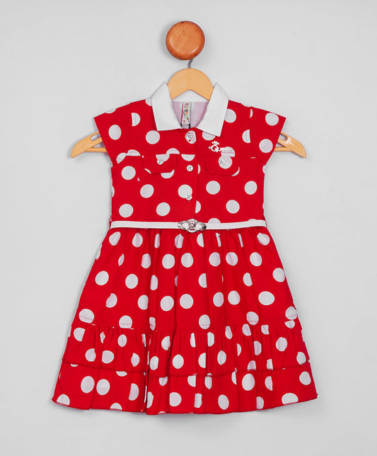 Enfance Cap Sleeves Huge Polka Dots Printed Fit & Flare Dress-Red