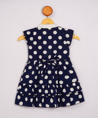 Enfance Cap Sleeves Huge Polka Dots Printed Fit & Flare Dress-Navy