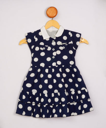 Enfance Cap Sleeves Huge Polka Dots Printed Fit & Flare Dress-Navy
