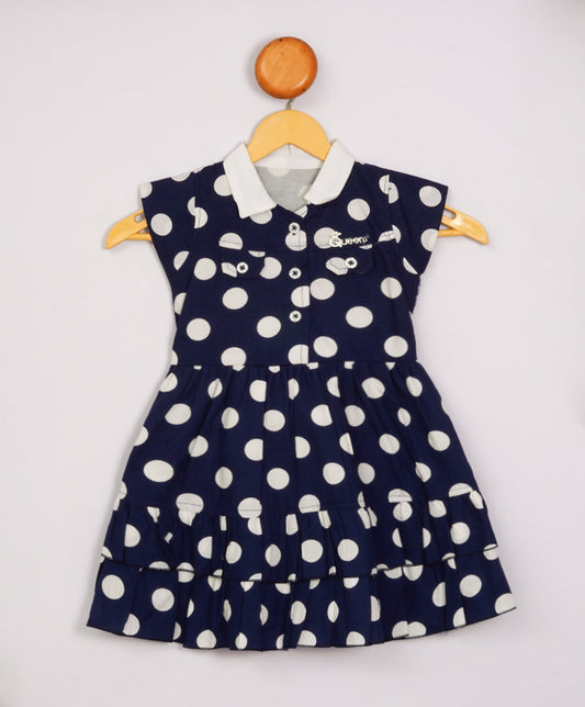 Enfance Cap Sleeves Huge Polka Dots Printed Fit & Flare Dress-Navy