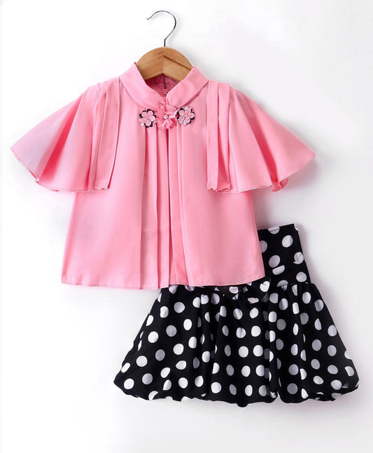 Enfance Core Bell Sleeves Top With Printed Skirt-Peach